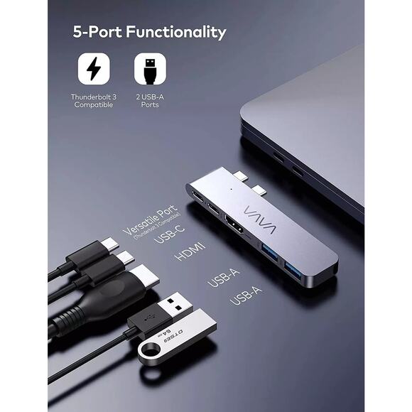 VAVA 5-in-2 USB-C Hub - Transfer, USB-C Port, HDMI Port 2 USB-A Ports - Picture 3 of 8